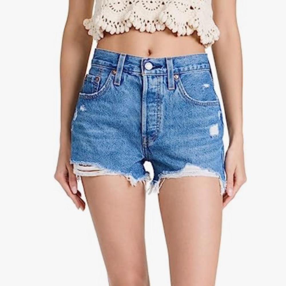 Levi’s 501 high rise distressed women’s button fly denim jean shorts